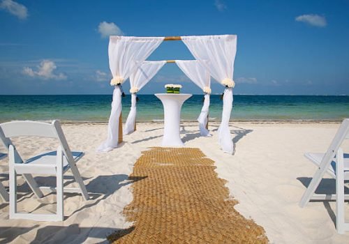 Wedding setup on tropical beach.